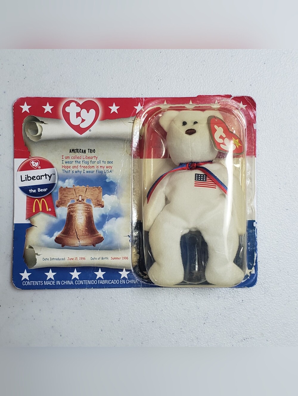 Ty Liberty Bear Plush - White with Red & Blue Ribbon